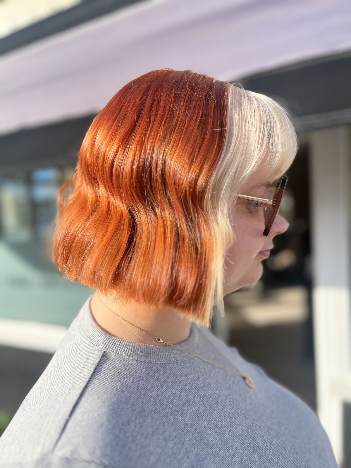 Copper and blonde colour-blocked bob