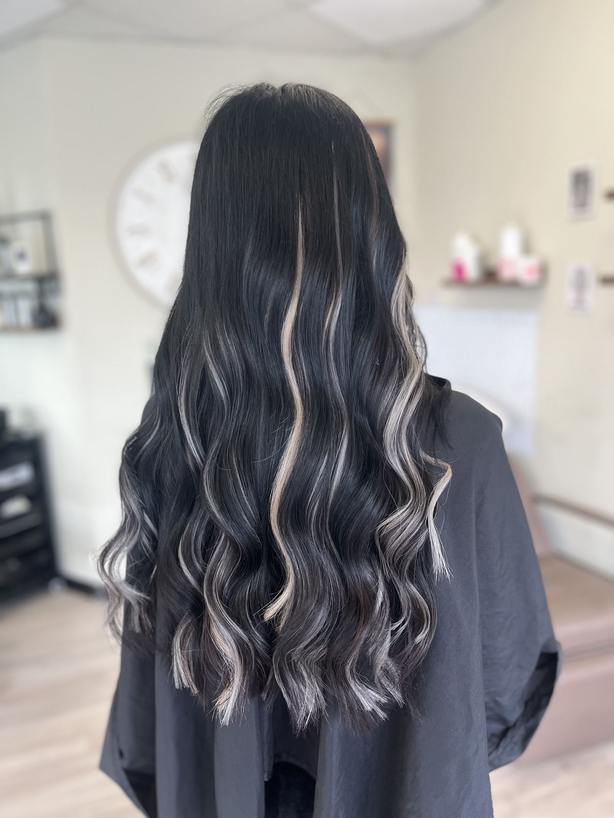Long dark hair with silver dimensional waves